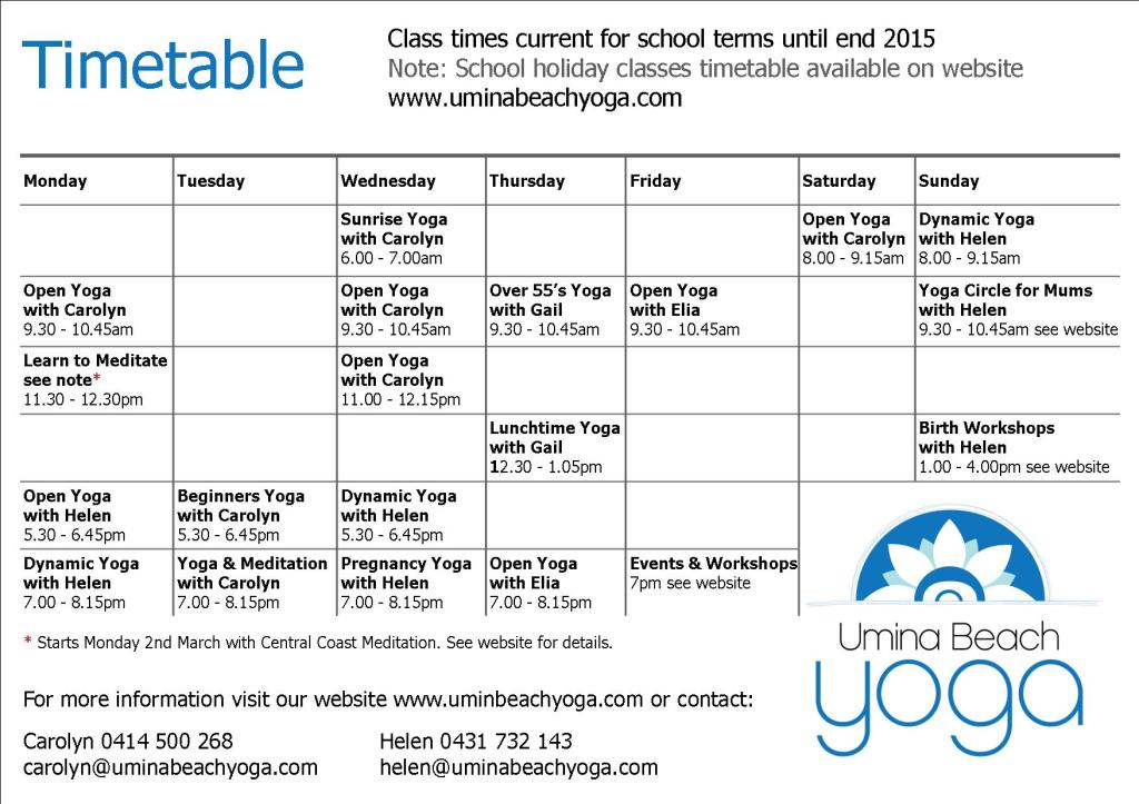 term 1 timetable Umina Beach Yoga
