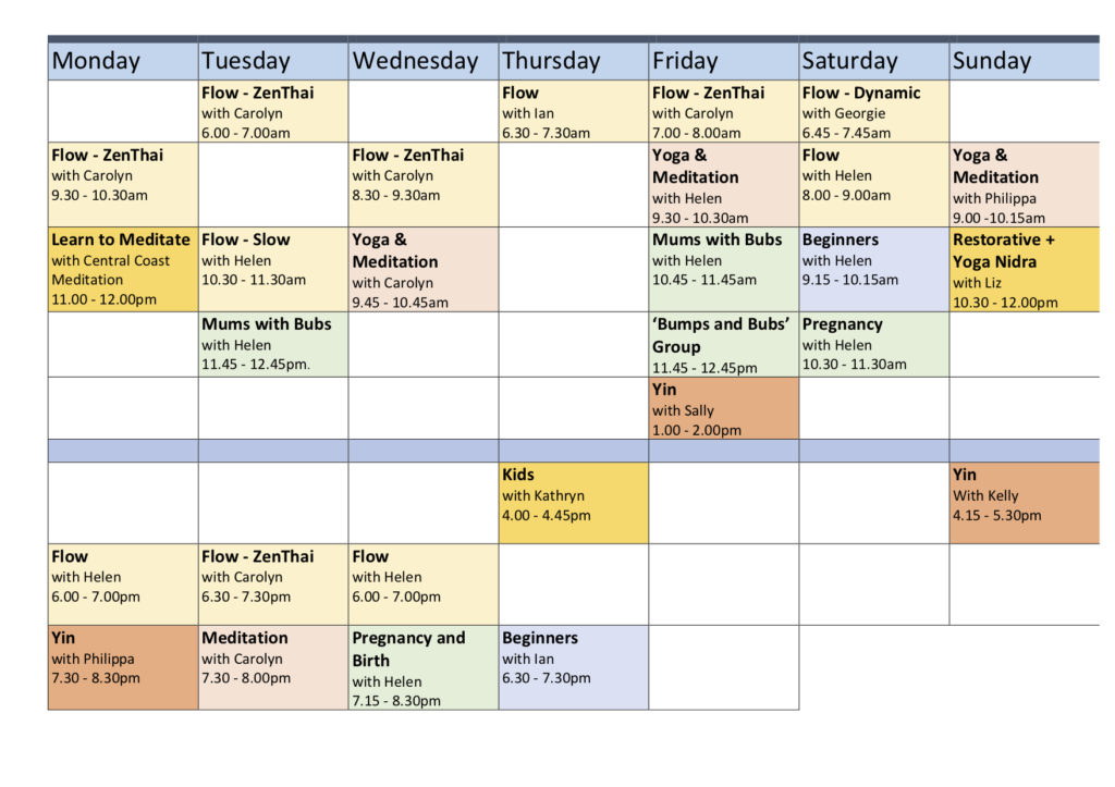 Timetable for website Umina Beach Yoga
